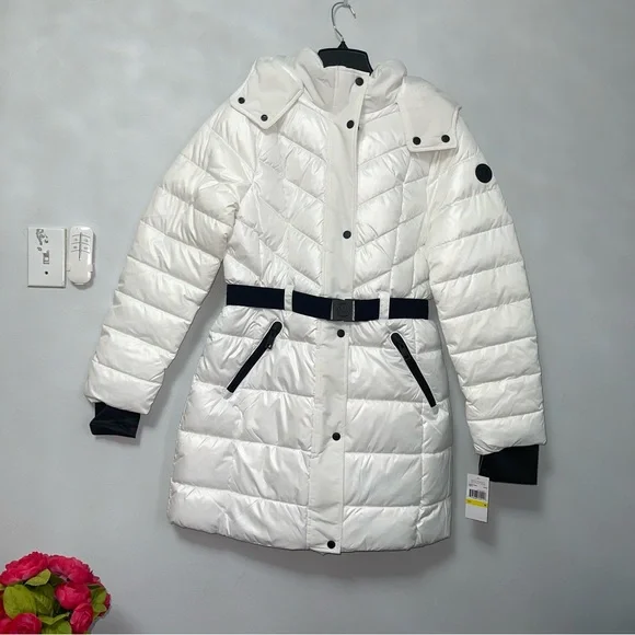 Michael Kors Hooded Puffer Jacket In White W/ Black Details New - Duplicate